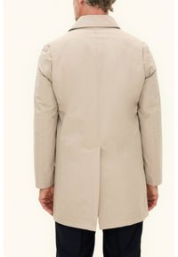 Beige trench coat with long sleeves and a classic collar, featuring a straight cut and a single rear vent. Smooth, lightweight fabric.