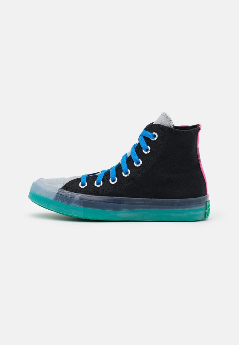 Baskets montantes noires avec lacets bleus, semelle translucide turquoise, languette grise et languette arrière rose, vues de côté sur fond blanc.