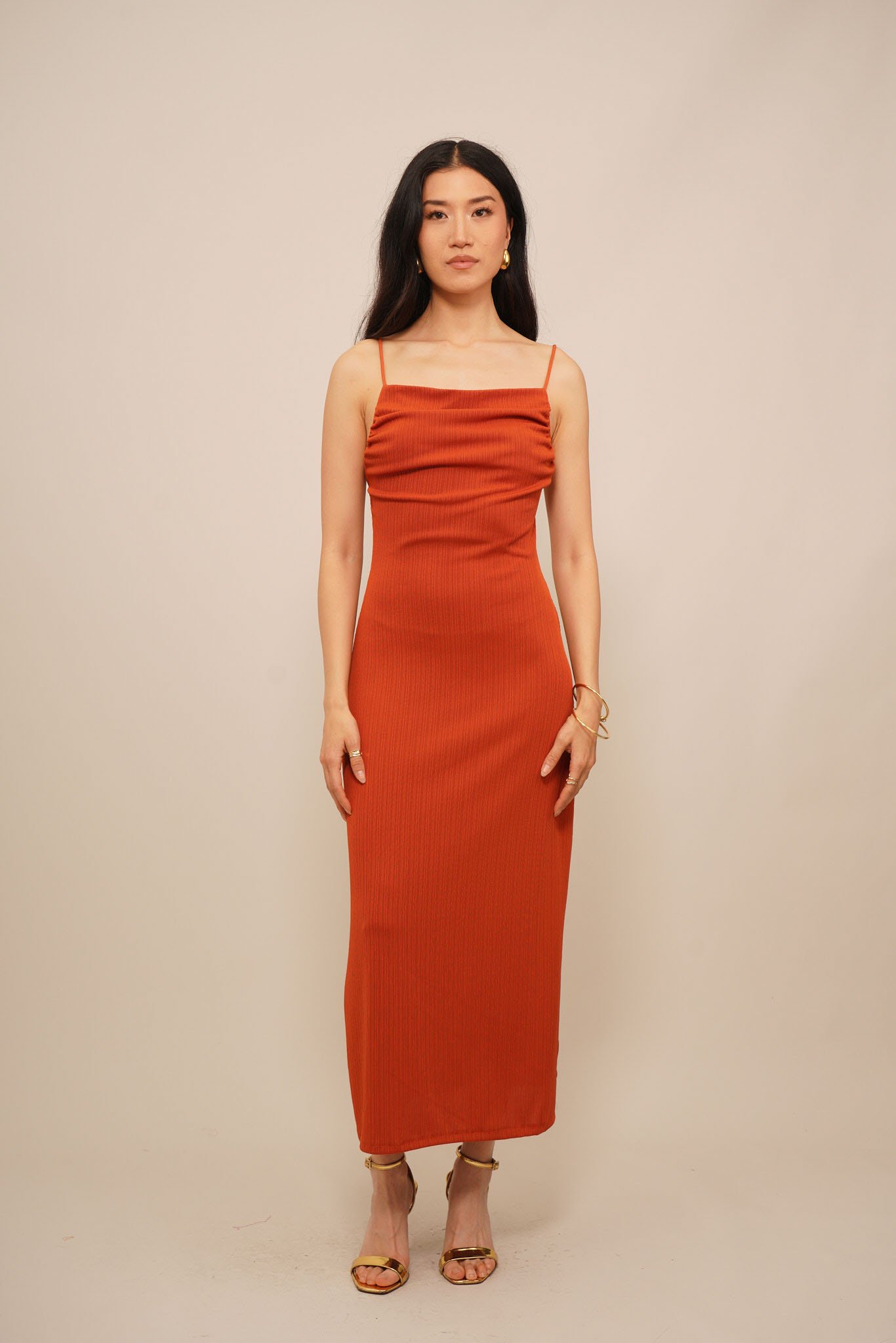 strapless open back dress Bandage Bodycon Orange Mini Dress With Gold Buttons – İtalia Couture main image 0