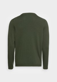Pull en maille vert foncé à manches longues vu de dos, avec un col rond et des poignets ainsi qu'un ourlet côtelés.