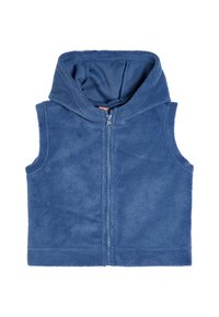 Gilet in felpa blu con cappuccio, dotato di zip frontale. Il materiale ha una consistenza morbida e una fodera interna liscia. Senza maniche, design informale.