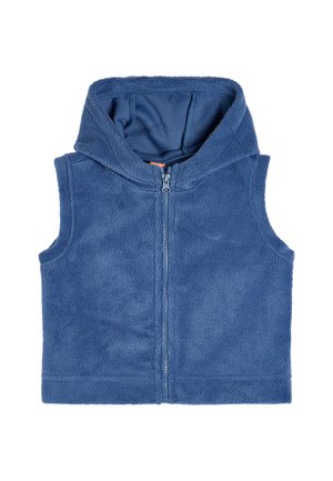 Blauwe fleece vest met capuchon, voorzien van een voorrits. Het materiaal heeft een zachte textuur en een gladde binnenvoering. Geen mouwen, casual ontwerp.