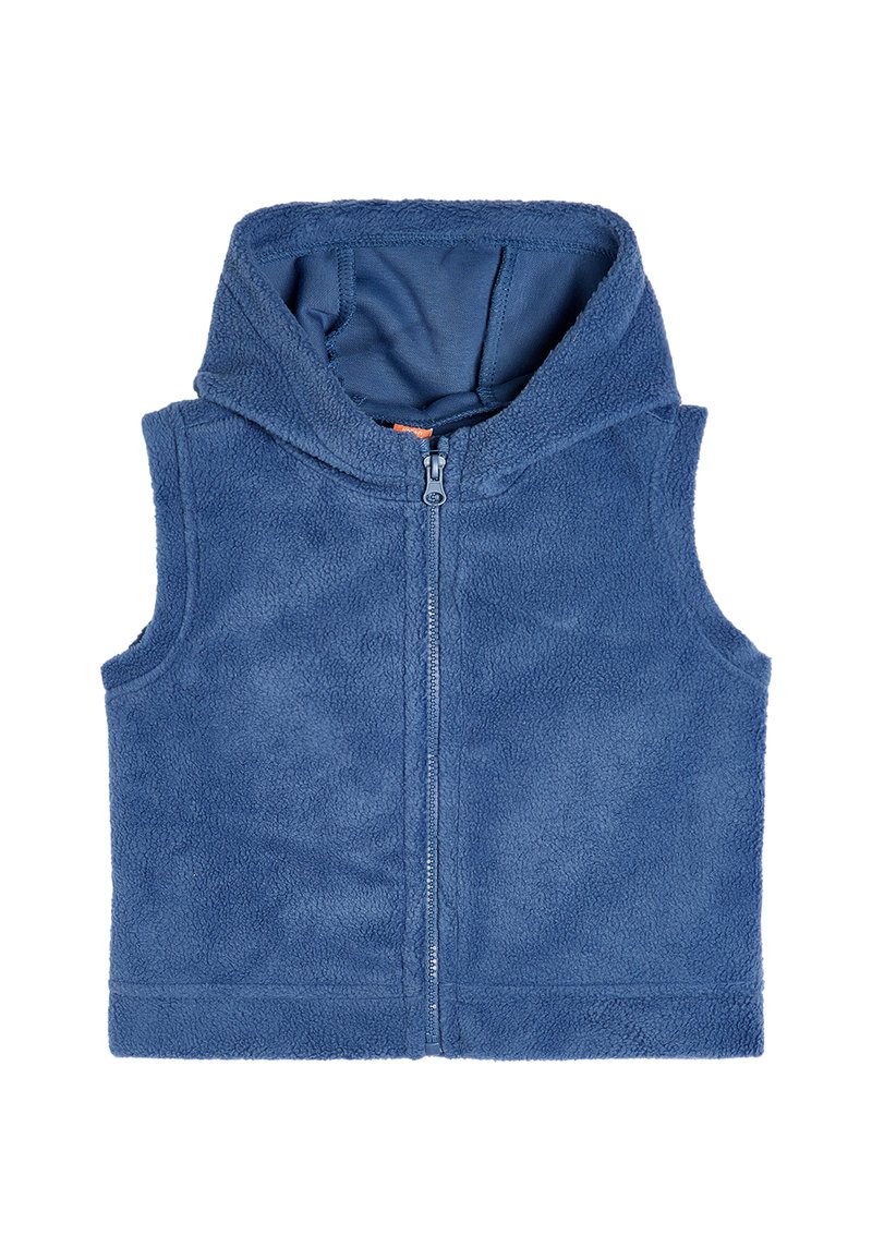 Gilet in felpa blu con cappuccio, dotato di zip frontale. Il materiale ha una consistenza morbida e una fodera interna liscia. Senza maniche, design informale.