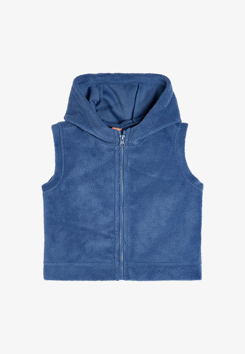 Sininen fleece-takki hupulla, jossa on etuvetoketju. Materiaali on pehmeä ja sillä on sileä sisävuori. Ilman hihasia, rento malli.