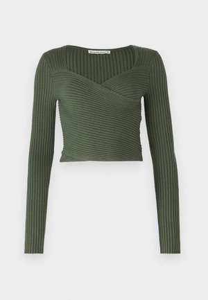 Olive green ribbed long-sleeve top with a wrap design and square neckline, featuring horizontal ribbing and a cropped fit.