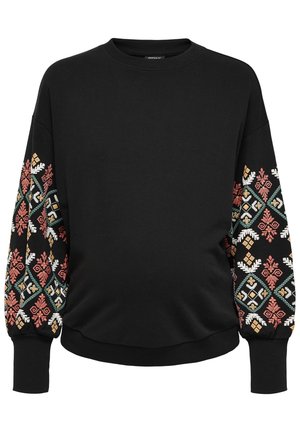 Sweat-shirt noir avec broderie florale géométrique colorée sur les deux manches et poignets et ourlet côtelés.