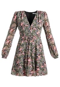 Robe à manches longues à motif floral avec col en V, taille cintrée avec lien, et motif multicolore de petites fleurs roses, blanches et violettes sur fond sombre.