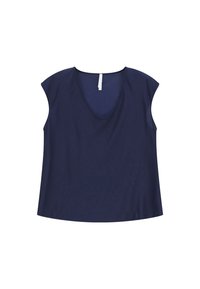 Top senza maniche blu navy con scollo a V, realizzato in tessuto morbido. Presenta bordi arrotondati e una vestibilità rilassata. Nessun motivo o decorazione.