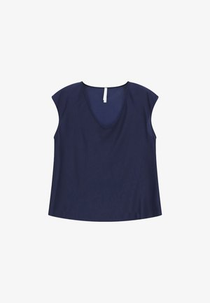 Top senza maniche blu navy con scollo a V, realizzato in tessuto morbido. Presenta bordi arrotondati e una vestibilità rilassata. Nessun motivo o decorazione.
