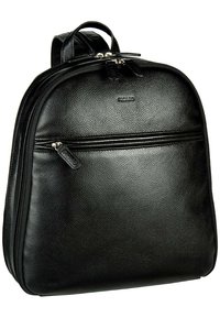 Black leather backpack with a rounded shape, featuring a front zip pocket, smooth texture, and logo detail at the top center.