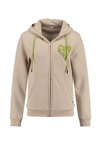 Felpa con zip beige, caratterizzata da una grafica verde sul petto, cappuccio con cordoncino, tasche frontali e polsini e orlo a coste.