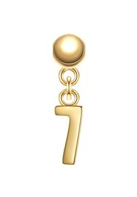 Gold charm earring featuring a round stud, linked by a small ring to a dangling number "7" with a smooth, shiny finish.