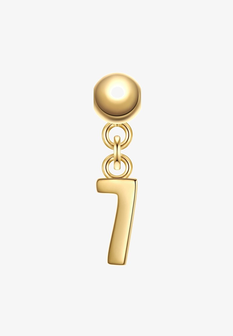 Gold charm earring featuring a round stud, linked by a small ring to a dangling number "7" with a smooth, shiny finish.