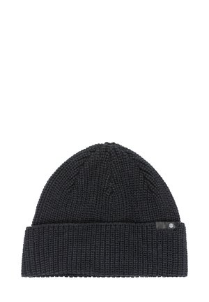 Knitted black beanie hat with a folded cuff, textured pattern, and a small logo tag on the side. Soft yarn material, warm design.