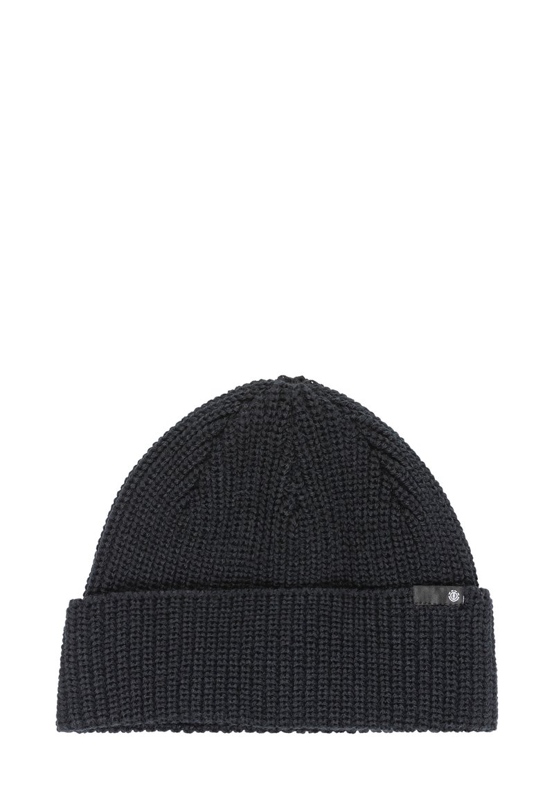 Czarny pleciony czapka beanie z podwiniętym mankietem, teksturowanym wzorem i małą metką z logo z boku. Miękki włókno, ciepły design.
