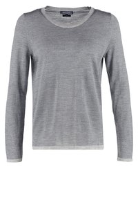 Pull en maille gris à manches longues avec encolure ronde, col, poignets et ourlet côtelés, présenté sur fond blanc.