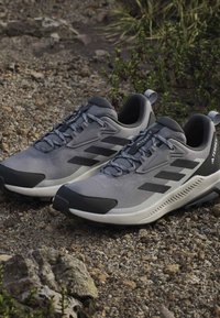 Pair of gray and black Adidas Terrex trail running shoes placed on rocky ground with small plants around.