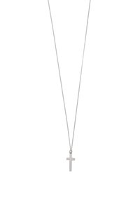 Collier argenté avec un pendentif croix à finition mate simple sur une chaîne délicate. Le design est minimaliste et symétrique.