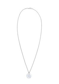 Silberkette mit einem kreisförmigen Anhänger, der ein graviertes Jungfrau-Symbol zeigt. Die Kette hat ein zartes Drehdesign und einen Karabinerverschluss.