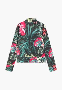 Giacca nera a maniche lunghe con vivaci foglie tropicali verdi e motivi di fiori rosa e bianchi, vista da dietro.