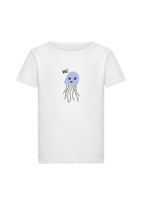 Weißes Baumwoll-T-Shirt mit einem blauen Cartoon-Qualle mit lächelndem Gesicht und schwarzen Tentakeln, begleitet von dem Text "Hi!" in Schwarz.