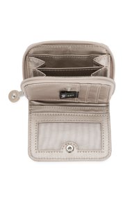 Beige fabric wallet with a top zipper closure, multiple card slots, a clear ID window, and a press-stud fastening. Smooth interior lining.
