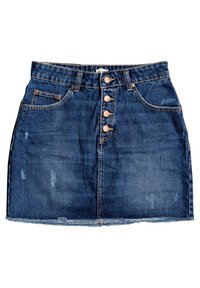 Jupe en denim bleu foncé avec une taille ajustée, fermeture à boutons sur le devant, cinq poches et ourlet effiloché ; présente des légers effets de vieillissement.