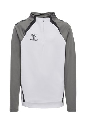 Langærmet sportstop med hvid front, grå ærmer, kvart lynlås og Hummel-logo på brystet.