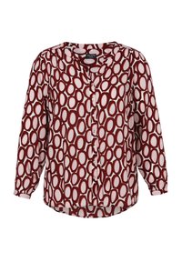 Blouse bordeaux avec un motif ovale blanc ; fermée par des boutons à l'avant, à manches longues et en tissu doux ; ourlet arrondi et détail de col.