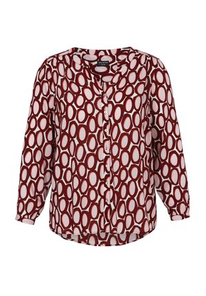 Bordeauxblouse met wit ovaal patroon; knoopsluiting aan de voorkant, lange mouwen en zachte stof; afgeronde zoom en kraagdetail.
