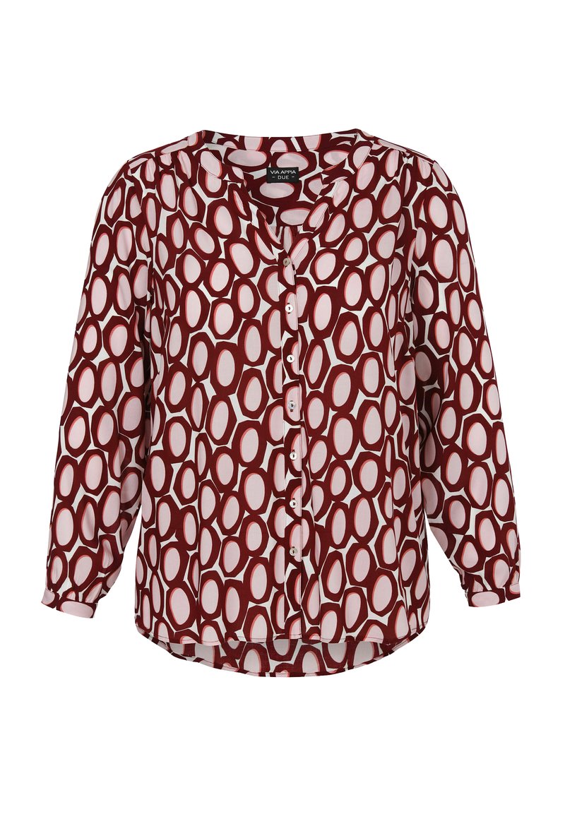Blouse bordeaux avec un motif ovale blanc ; fermée par des boutons à l'avant, à manches longues et en tissu doux ; ourlet arrondi et détail de col.