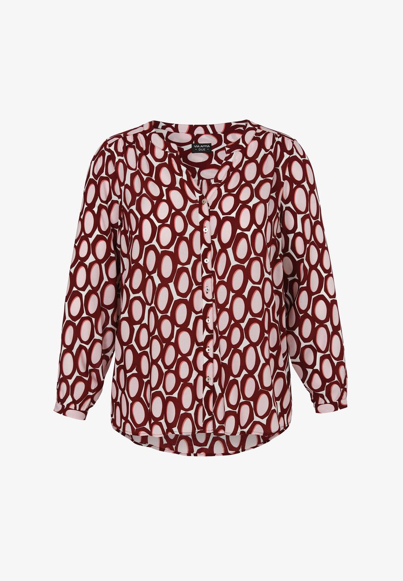 Bordeauxfarbige Bluse mit weißem ovalem Muster; knöpfbarer Vorderteil, lange Ärmel und weicher Stoff; abgerannter Saum und Kragenverzierung.