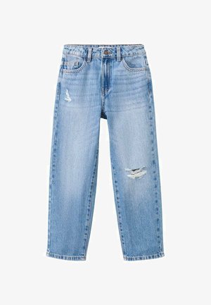 Jean en denim bleu clair avec une taille haute, une coupe droite, présentant des détails usés sur les poches avant et l'ourlet.