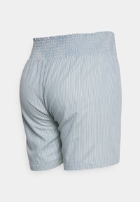 Ljusblå shorts med vita vertikala ränder och ett brett elastiskt midjeband, visade mot en enkel vit bakgrund.