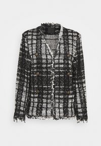 Svart och vit rutig jacka i strukturerad tyg, med en kortad design, dubbelknäppt stängning och knappar i guldton.