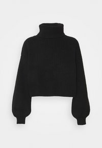 Pull court noir en maille côtelée avec col montant haut et manches longues ballon avec poignets ajustés, présenté sur fond blanc.