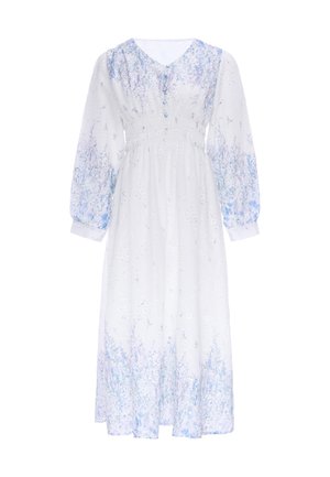 Hvid langærmet midikjole med V-hals, smock-talje og lyseblå blomsterprint på ærmer og kant.