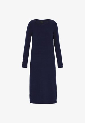 Navy blue long-sleeve dress with a round neckline and side slits. Features gold button accents on sleeves. Made from soft knit material.