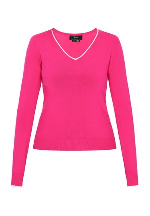 Pulover roz cu decolteu în formă de V, cu mâneci lungi, cu manșete și tiv dantelat. Prezintă o margine albă în contrast de-a lungul gulerului. Material tricotat moale.