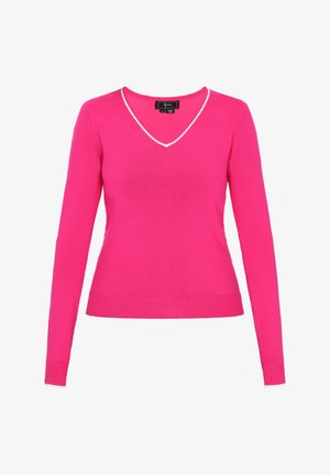 Pulover roz cu decolteu în formă de V, cu mâneci lungi, cu manșete și tiv dantelat. Prezintă o margine albă în contrast de-a lungul gulerului. Material tricotat moale.