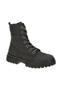 Zwarte suède veterschoenen tot de enkel met een dikke rubberen zool, ronde neus en metalen oogjes; voorzien van platte grijze veters en gestikte accenten.