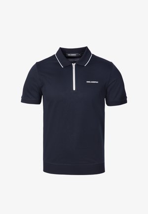 Black short-sleeve polo shirt with white trim on collar, half-zip front, and "KARL LAGERFELD" logo on left chest.