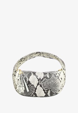 Torebka w wężowy wzór w białej i szarej skórze z zakrzywionym uchwytem, złotymi akcentami i frędzlami. Teksturowana powierzchnia z wyraźnym wzorem.