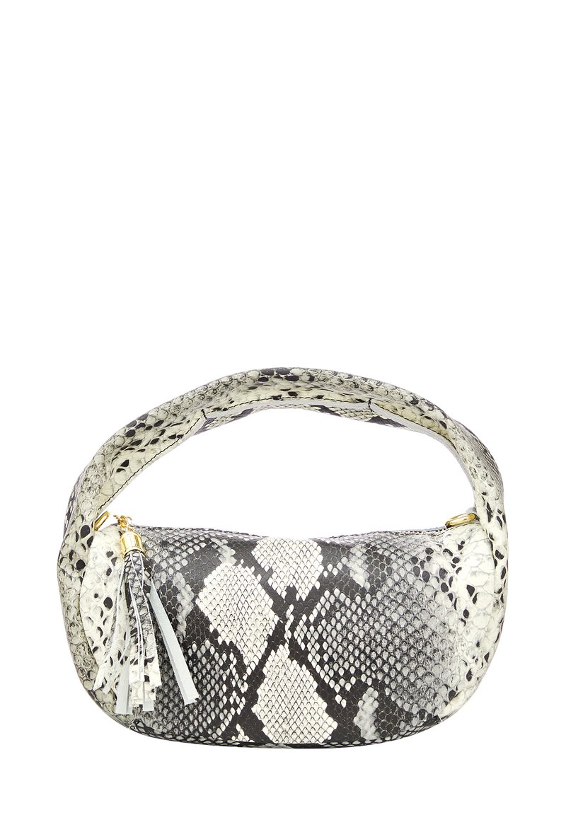 Kígyóbőr minta táska fehér és szürke bőrből, ívelt fogantyúval, arany színű fémrészekkel és bojtokkal díszítve. Texturált felület, jellegzetes mintázattal.