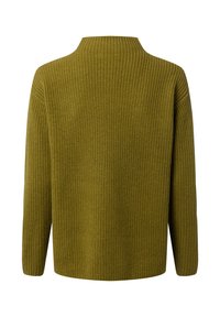Oliwkowy sweter dzianinowy z wysokim kołnierzem, długimi rękawami i teksturowanym prążkowanym wzorem. Ma luźny krój i prosty dół.