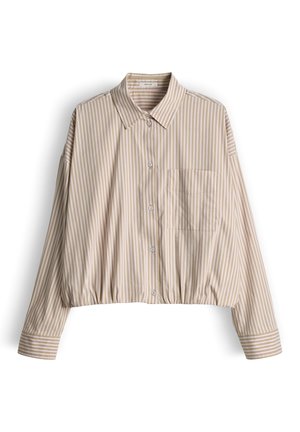 Beiges und weißes, vertikal gestreiftes, langärmliges, bauchfreies Hemd mit Knöpfen vorne, Kragen, Brusttasche und geknöpften Manschetten.