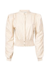Blouse crème à rayures verticales, manches bouffantes et taille froncée. Dotée d'un col montant et d'une fermeture à boutons à l'avant avec des boutons décoratifs.