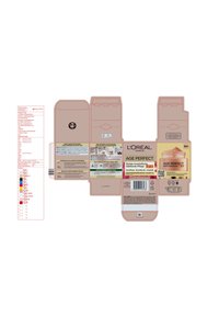 Emballage L'Oréal Paris Age Perfect ; carton rose avec des accents dorés, plusieurs étiquettes, une illustration de pot et des codes-barres. Capacité de 50 ml.