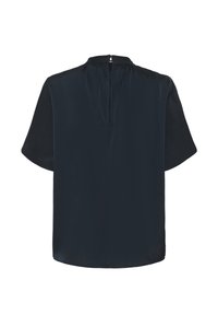 Blouse à manches courtes en marine foncé, avec un tissu lisse, un ourlet arrondi et une fermeture éclair au dos. Détail plissé au niveau du cou.