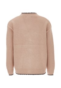 Ljusrosa ribbad stickad tröja med rund halsringning och långa ärmar; har en kontrasterande mörk kant vid halsringningen och fållen.